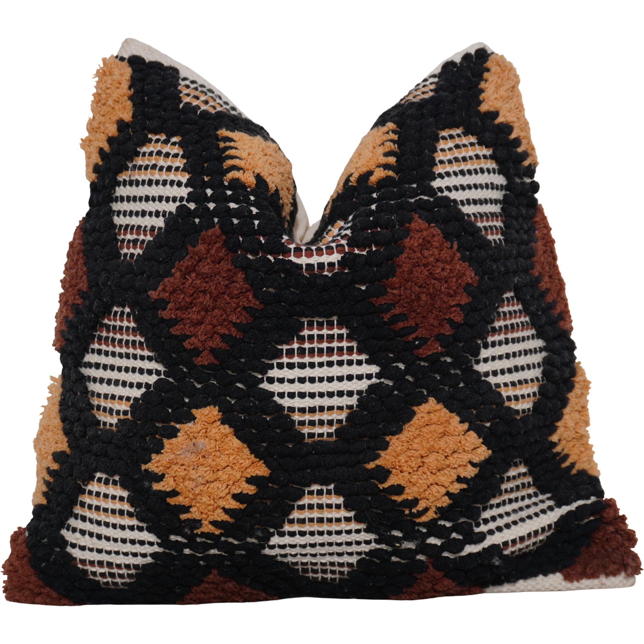 Handmade Tufted Cotton Cushion Cover 45x45 cm | Geometric Boho Throw Pillow Cover | Black & Beige Textured Cushion