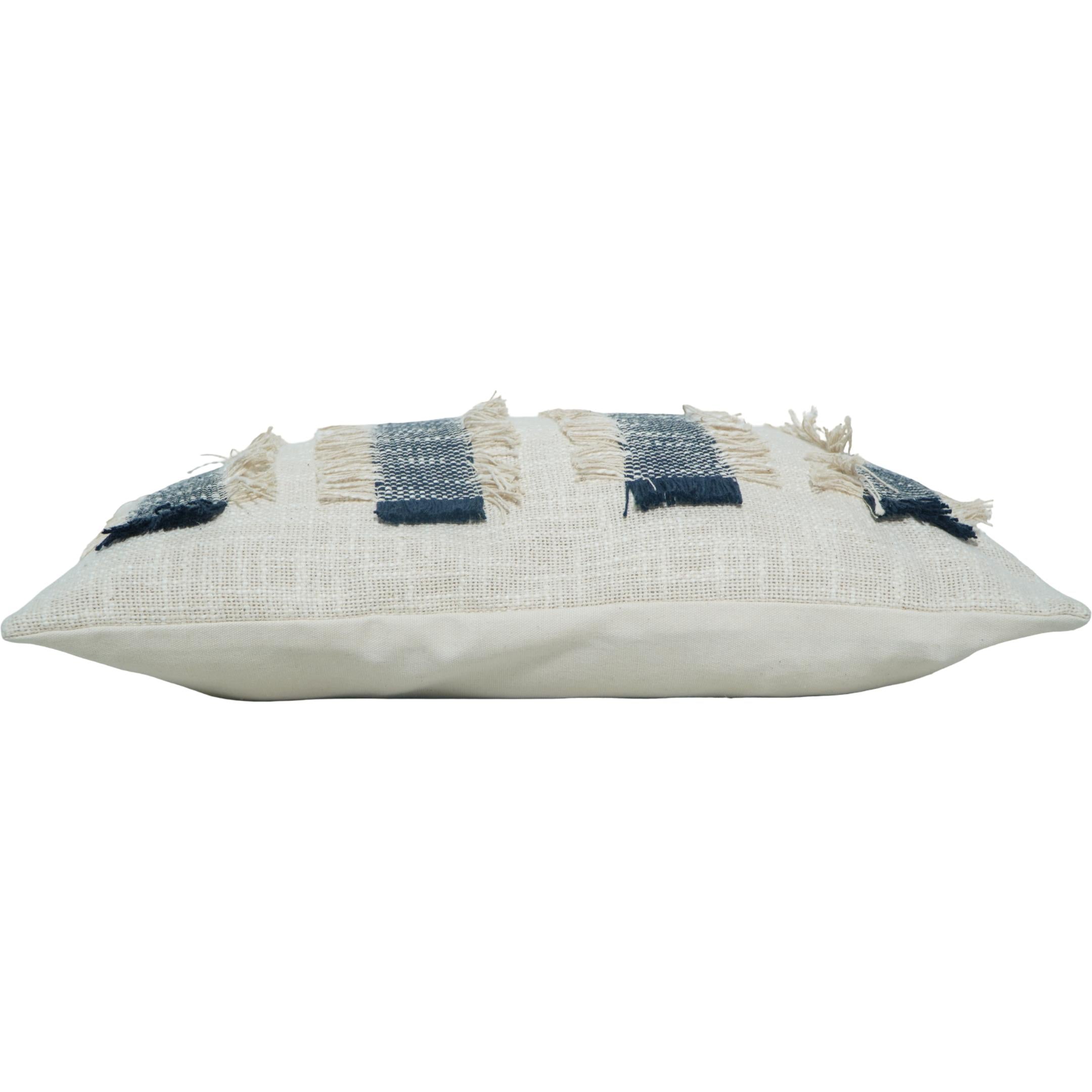 Handmade Cotton Textured Fringe Cushion Cover 35x50 cm | Navy Blue Striped Lumbar Pillow Cover | Boho Decorative Cushion