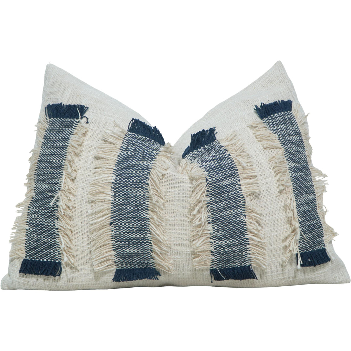 Handmade Cotton Textured Fringe Cushion Cover 35x50 cm | Navy Blue Striped Lumbar Pillow Cover | Boho Decorative Cushion - Bulk manufacturer & supplier from Panipat, India
