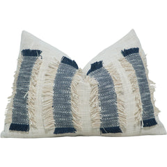 Handmade Cotton Textured Fringe Cushion Cover 35x50 cm | Navy Blue Striped Lumbar Pillow Cover | Boho Decorative Cushion