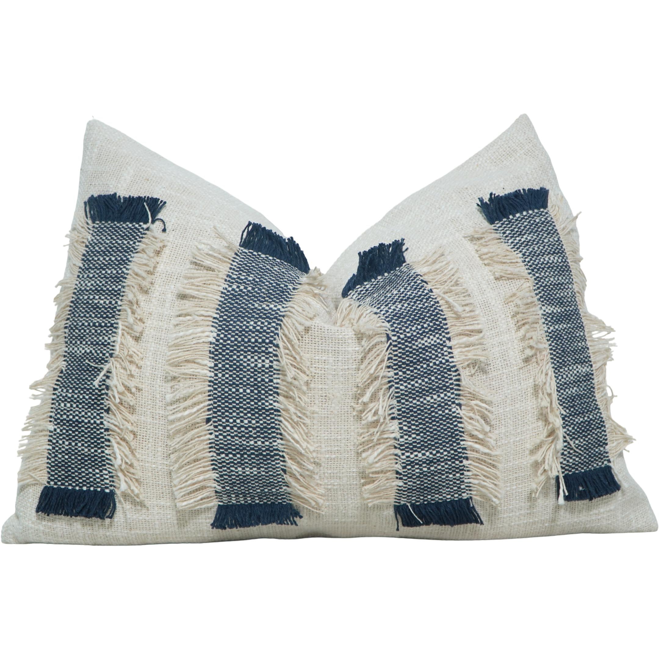 Handmade Cotton Textured Fringe Cushion Cover 35x50 cm | Navy Blue Striped Lumbar Pillow Cover | Boho Decorative Cushion