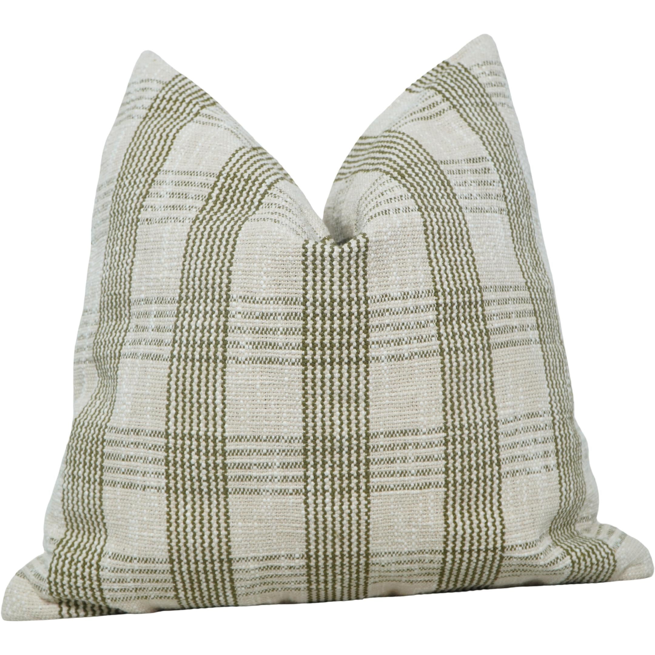 Handmade Cotton Striped Cushion Cover 45x45 cm | Woven Olive Green & Ivory Throw Pillow Cover | Modern Farmhouse Decorative Cushion