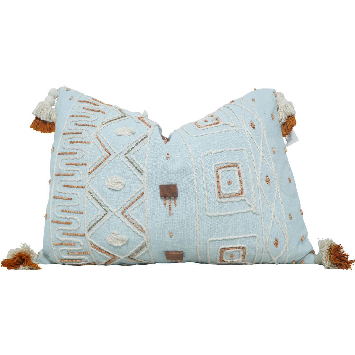 Sky Blue Geometric Embroidered Cotton Tassel Cushion Cover 45x45 cm