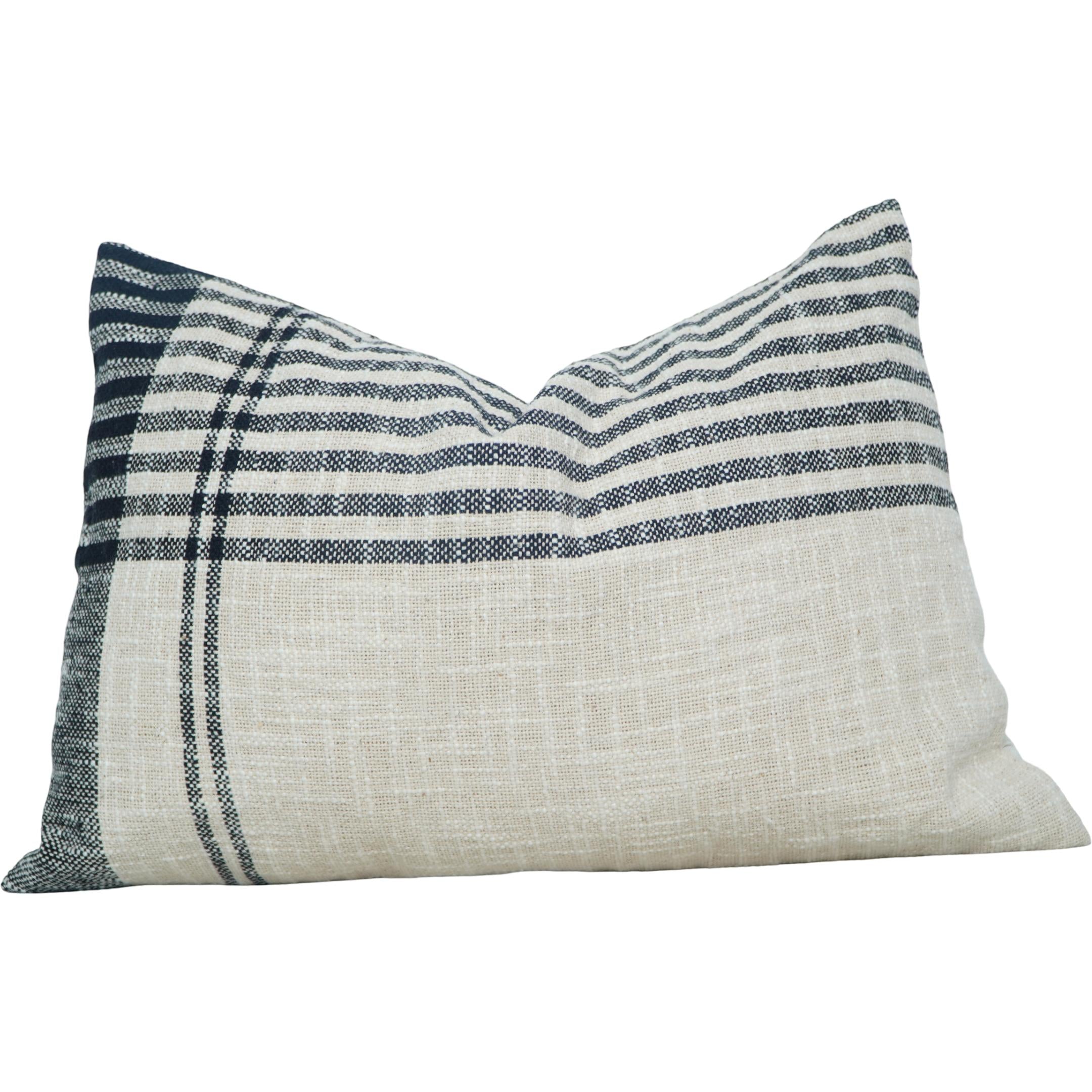 Handmade Striped Cotton Cushion Cover 35x50 cm | Woven Farmhouse Lumbar Pillow | Black & Natural Rustic Cushion