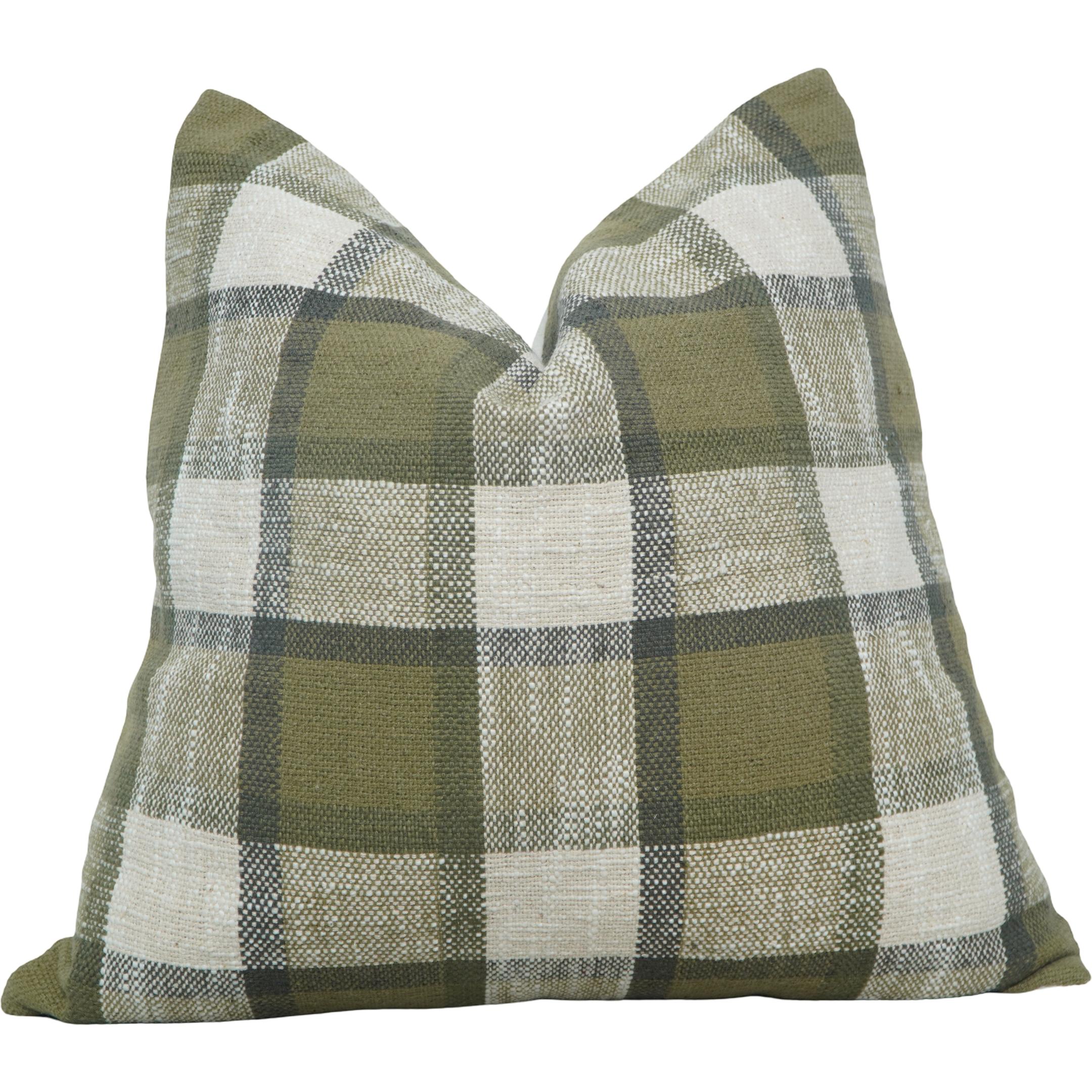 Handmade Cotton Plaid Cushion Cover 45x45 cm | Olive Green Checkered Throw Pillow Cover | Rustic Farmhouse Décor