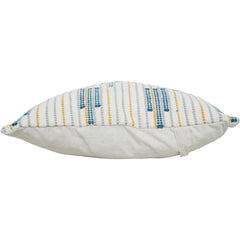 Decorative pillow with blue and yellow stripes on a white background