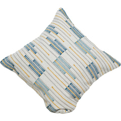 Textured pillow with blue and yellow pattern on a white background