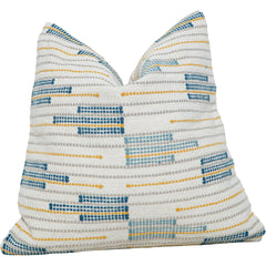 Decorative pillow with blue and yellow pattern on a white background