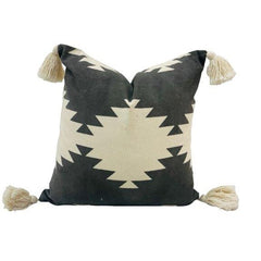 Black & Ivory Geometric Printed Cotton Cushion Cover with Tassels – 45x45 cm