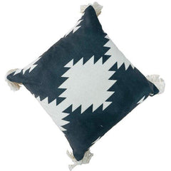 Black & Ivory Geometric Printed Cotton Cushion Cover with Tassels – 45x45 cm