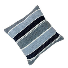 Hand Knitted Striped Cotton Cushion Cover 45x45 cm | Textured Grey, Ivory & Navy Decorative Pillow Cover