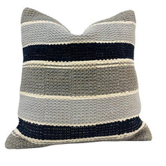 Hand Knitted Striped Cotton Cushion Cover 45x45 cm | Textured Grey, Ivory & Navy Decorative Pillow Cover