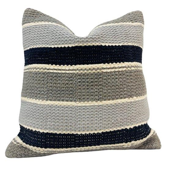 Hand Knitted Striped Cotton Cushion Cover 45x45 cm | Textured Grey, Ivory & Navy Decorative Pillow Cover