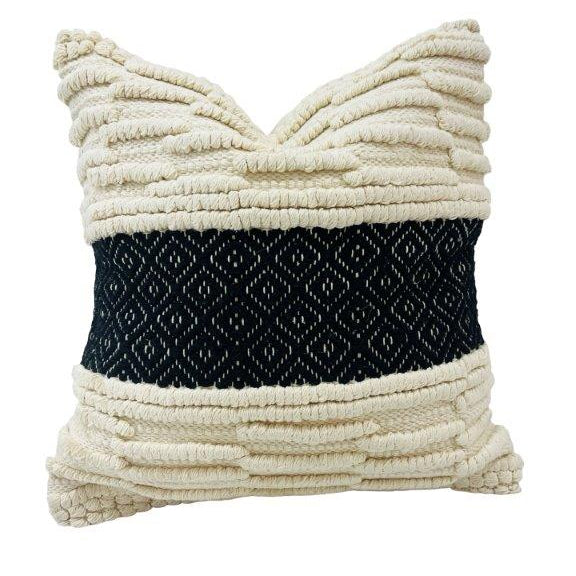 Handwoven Textured Cotton Cushion Cover – Ivory & Black Geometric Accent Pillow | 45 x 45 cm