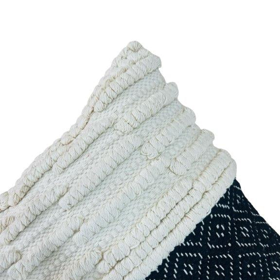 Handwoven Textured Cotton Cushion Cover – Ivory & Black Geometric Accent Pillow | 45 x 45 cm
