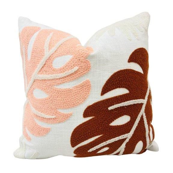 Monstera Leaf Embroidered Cushion Cover 45x45 cm | Textured Tropical Cotton Pillow Cover | Blush Pink & Rust Brown - Bulk manufacturer & supplier from Panipat, India