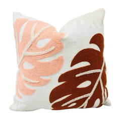 Monstera Leaf Embroidered Cushion Cover 45x45 cm | Textured Tropical Cotton Pillow Cover | Blush Pink & Rust Brown