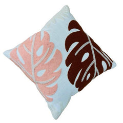 Monstera Leaf Embroidered Cushion Cover 45x45 cm | Textured Tropical Cotton Pillow Cover | Blush Pink & Rust Brown