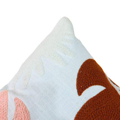 Monstera Leaf Embroidered Cushion Cover 45x45 cm | Textured Tropical Cotton Pillow Cover | Blush Pink & Rust Brown