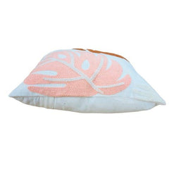 Monstera Leaf Embroidered Cushion Cover 45x45 cm | Textured Tropical Cotton Pillow Cover | Blush Pink & Rust Brown