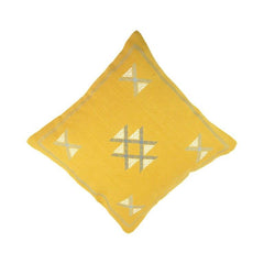Mustard Yellow Machine Embroidered Cotton Cushion Cover 45x45 cm | Geometric Tribal Design Decorative Pillow Cover