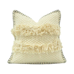 Ivory Textured Cotton Cushion Cover with Fringe & Hand-Stitched Border – 45x45 cm