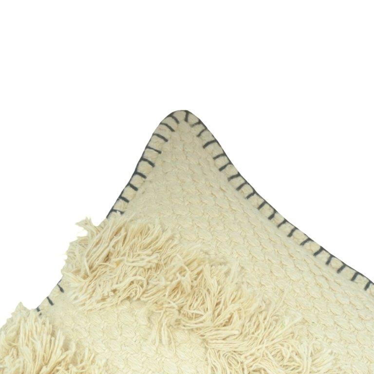 Ivory Textured Cotton Cushion Cover with Fringe & Hand-Stitched Border – 45x45 cm - Bulk manufacturer & supplier from Panipat, India
