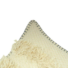 Ivory Textured Cotton Cushion Cover with Fringe & Hand-Stitched Border – 45x45 cm