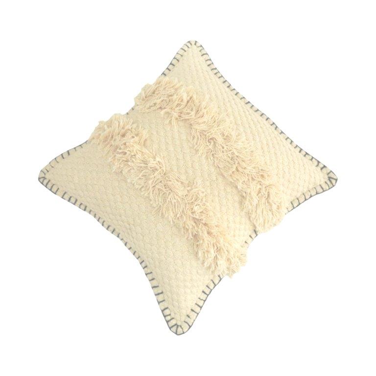 Ivory Textured Cotton Cushion Cover with Fringe & Hand-Stitched Border – 45x45 cm - Bulk manufacturer & supplier from Panipat, India
