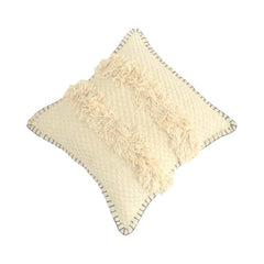 Ivory Textured Cotton Cushion Cover with Fringe & Hand-Stitched Border – 45x45 cm
