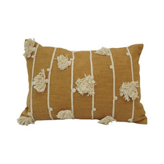 Hand Embroidered Tassel Cushion Cover 35x50 cm | Mustard Cotton Lumbar Pillow Cover | Boho Decorative Cushion