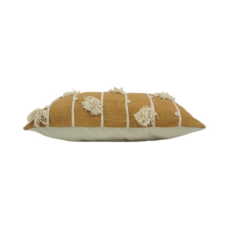 Hand Embroidered Tassel Cushion Cover 35x50 cm | Mustard Cotton Lumbar Pillow Cover | Boho Decorative Cushion - Bulk manufacturer & supplier from Panipat, India