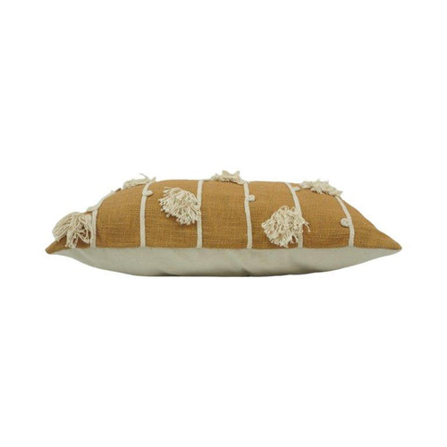 Hand Embroidered Tassel Cushion Cover 35x50 cm | Mustard Cotton Lumbar Pillow Cover | Boho Decorative Cushion