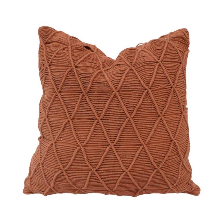 Handcrafted Macramé Cotton Cushion Cover 45x45 cm | Boho Textured Throw Pillow Cover with Geometric Knot Design | Terracotta - Bulk manufacturer & supplier from Panipat, India