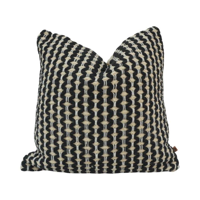 Handmade Black & Natural Geometric Cotton Cushion Cover | Woven Textured Pillow Cover 45x45 cm