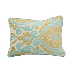 Machine Embroidered Cotton Cushion Cover 35x50 cm | Aqua & Beige Abstract Floral Lumbar Pillow Cover | Decorative Sofa Cushion
