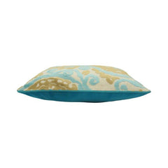 Machine Embroidered Cotton Cushion Cover 35x50 cm | Aqua & Beige Abstract Floral Lumbar Pillow Cover | Decorative Sofa Cushion
