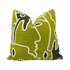 Abstract Face Machine Embroidered Cushion Cover 45x45 cm | Modern Artistic Cotton Pillow Cover | Green Designer Throw Cushion