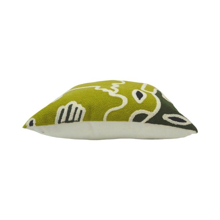 Abstract Face Machine Embroidered Cushion Cover 45x45 cm | Modern Artistic Cotton Pillow Cover | Green Designer Throw Cushion