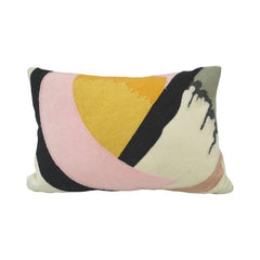 Abstract Machine Embroidered Cotton Cushion Cover – Pink & Mustard Geometric Design | 35x50 cm