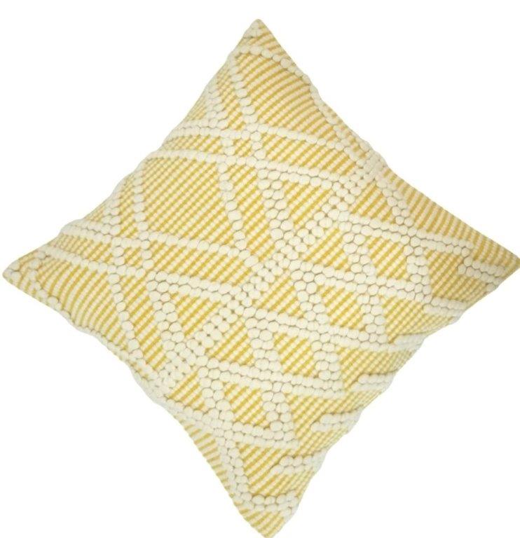 Handmade Tufted Cotton Cushion Cover 45x45 cm | Geometric Boho Decorative Pillow Cover in Yellow & Ivory - Bulk manufacturer & supplier from Panipat, India