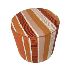 Rustic Striped Round Pouf Ottoman – Orange, Beige & Brown Geometric Design