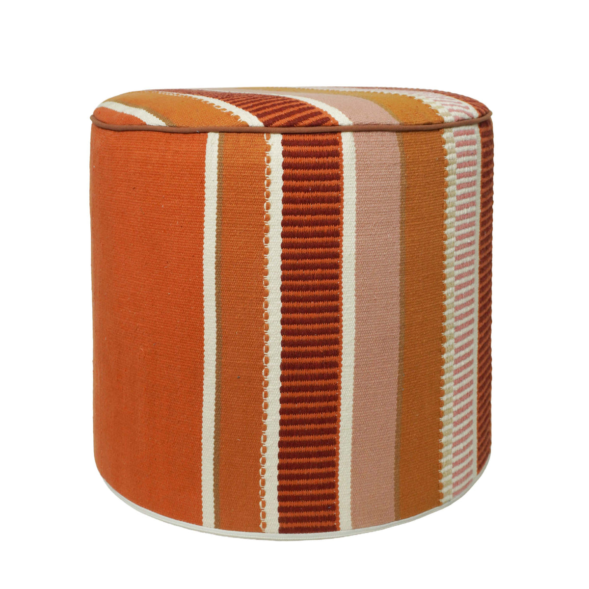 Rustic Striped Round Pouf Ottoman – Orange, Beige & Brown Geometric Design