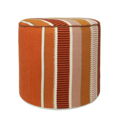 Rustic Striped Round Pouf Ottoman – Orange, Beige & Brown Geometric Design