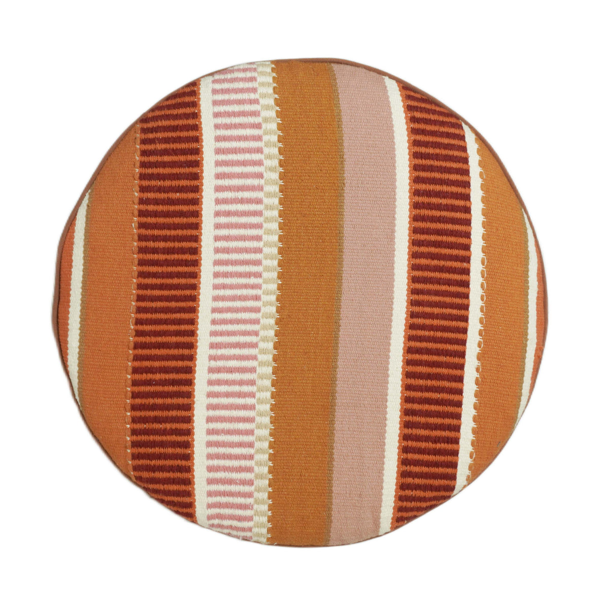 Rustic Striped Round Pouf Ottoman – Orange, Beige & Brown Geometric Design