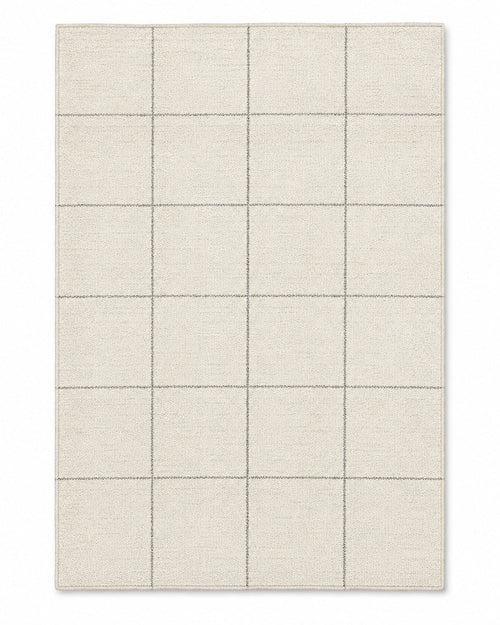 Beige and grey grid-line area rug on a white background.