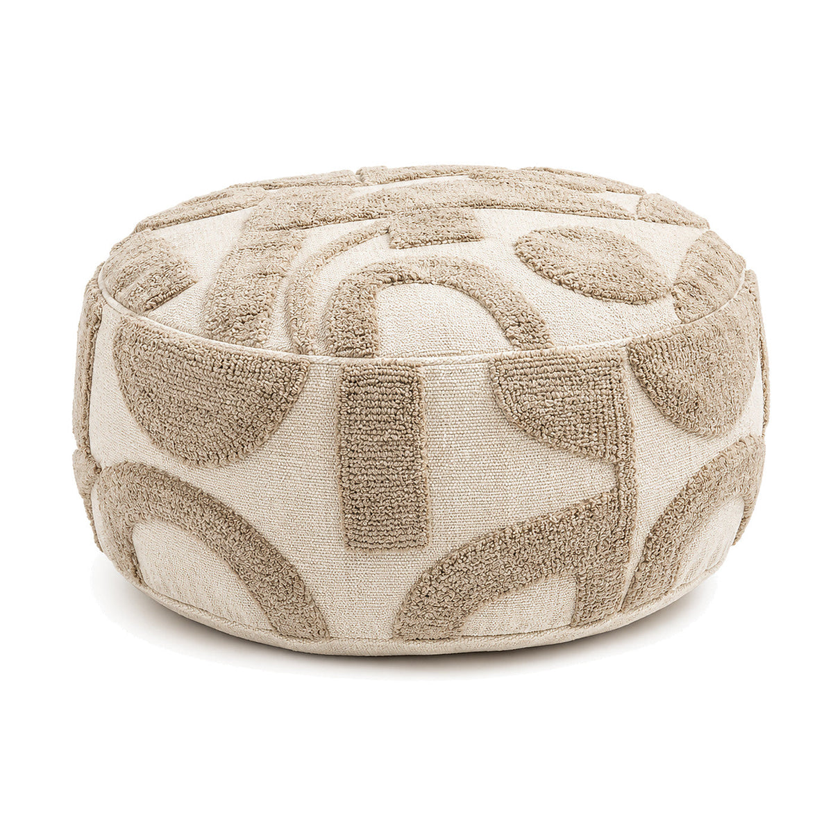 Beige & Cream Abstract Arch Tufted Round Pouf by Primeval on white background