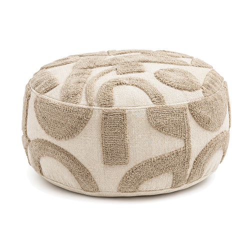 Beige & Cream Abstract Arch Tufted Round Pouf by Primeval on white background