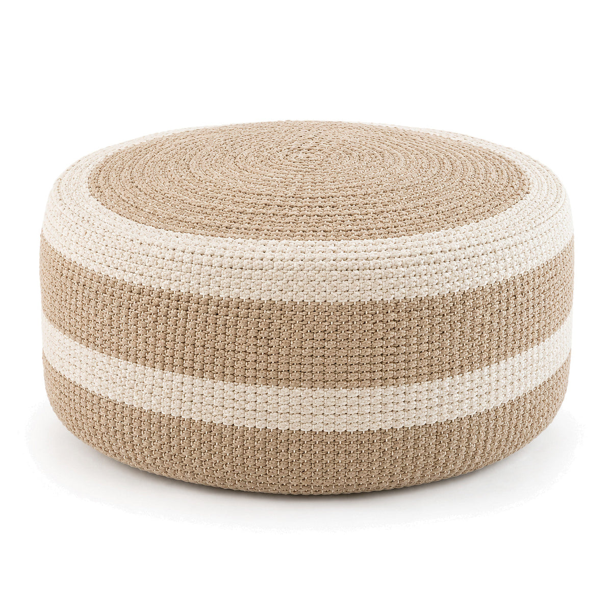 Beige & Cream Broad Stripe Woven Round Pouf by Primeval on white background