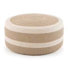 Beige & Cream Broad Stripe Woven Round Pouf by Primeval on white background